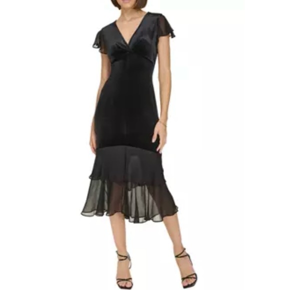 NWT Velvet Midi Dress with Chiffon Flutter SleevesTiered Hem A4HV1QHL size 12